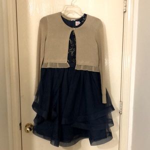 Beautiful navy blue/gold dress w/ sweater